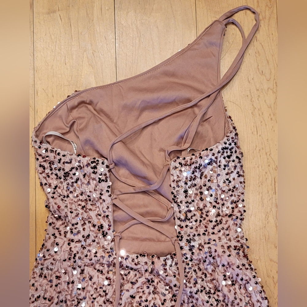 Light Pink Velvet Sequin One Shouler Dress Size 2 - Picture 4 of 5